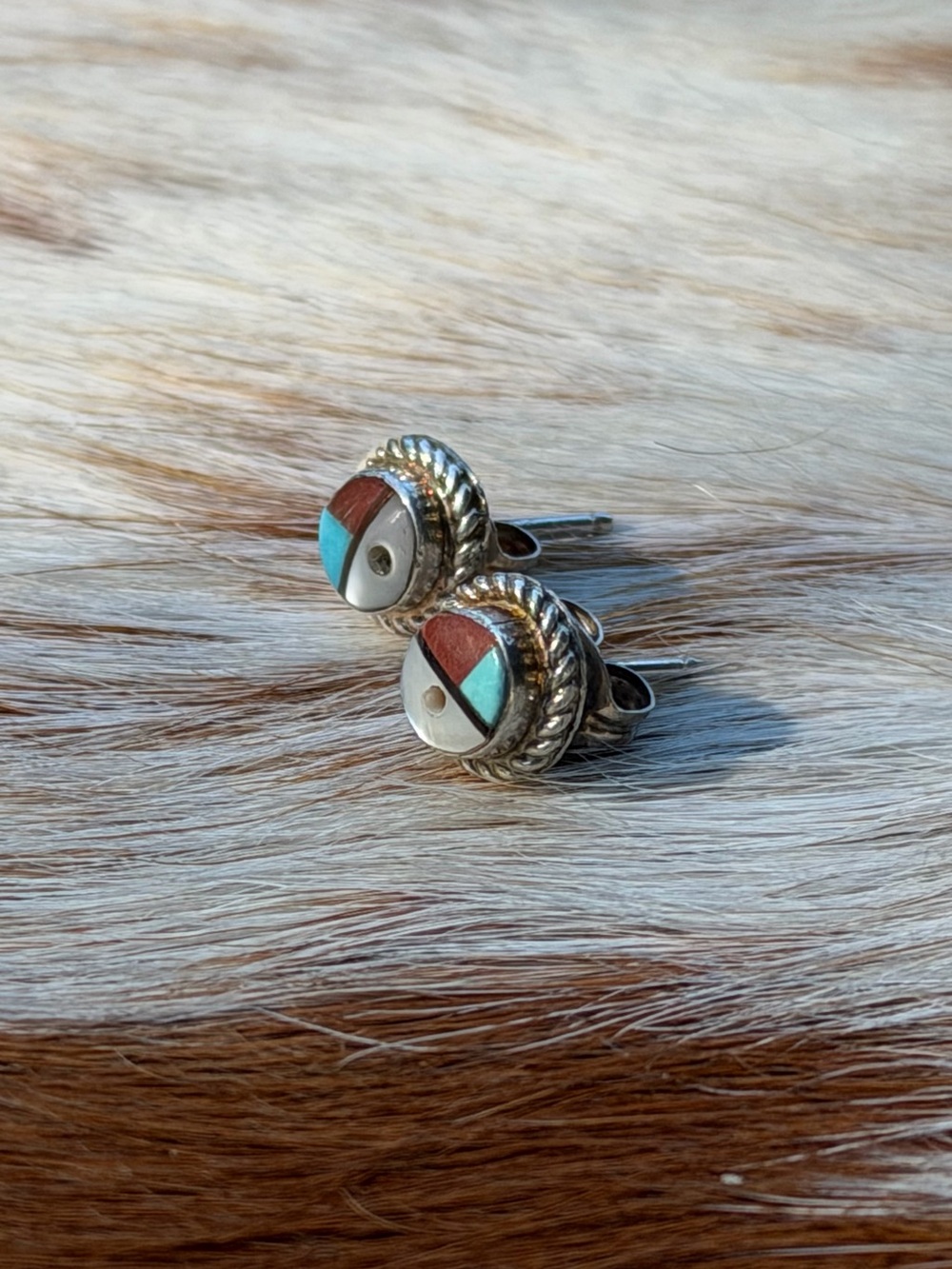 VTG Zuni Sun Face Multi-Stone Inlay Silver Rope Post Earrings
